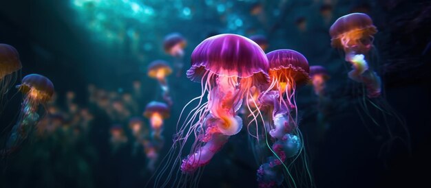 Un grupo de coloridas medusas nadando en las profundidades del mar