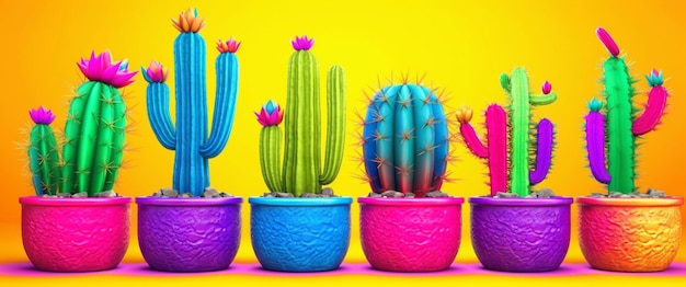 un grupo de coloridas plantas de cactus en macetas sobre un fondo amarillo ai generativo