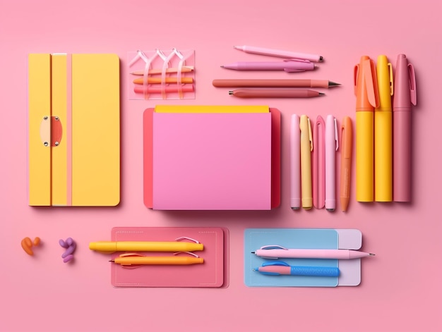 Grupo colorido de equipos de útiles escolares sobre fondo rosa