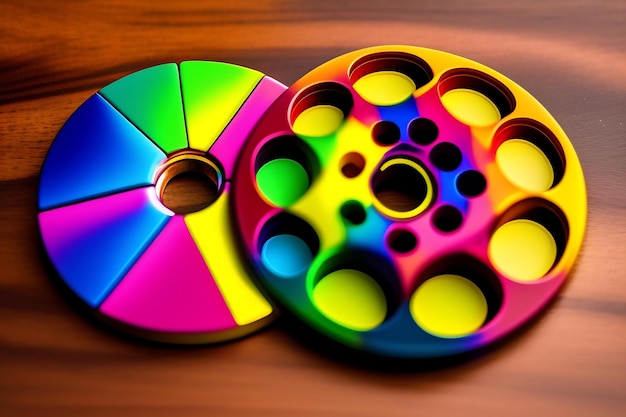 Grupo de coloridos fidget spinner juguete para aliviar el estrés sobre fondo de madera