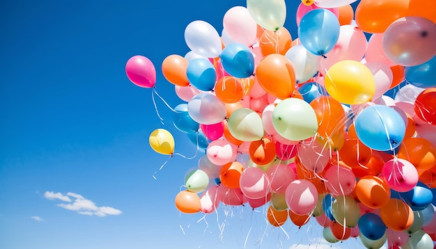 Un grupo de coloridos globos de cumpleaños flota en el aire.