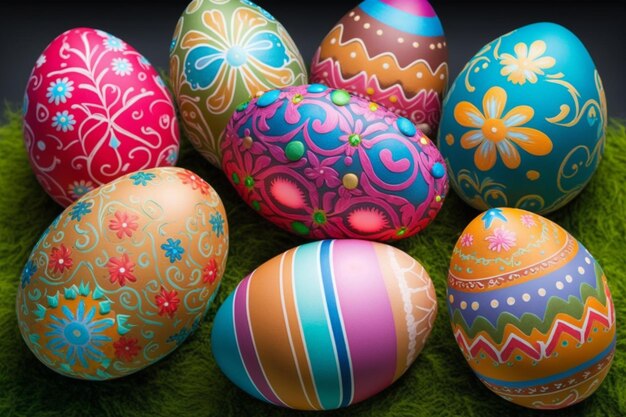 Un grupo de coloridos huevos de pascua están sobre un césped verde