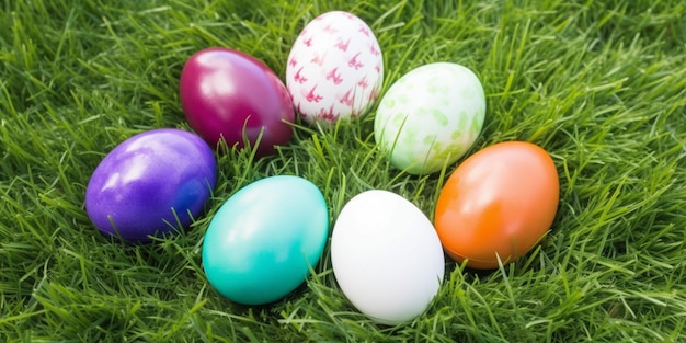 Un grupo de coloridos huevos de pascua están tirados en la hierba.