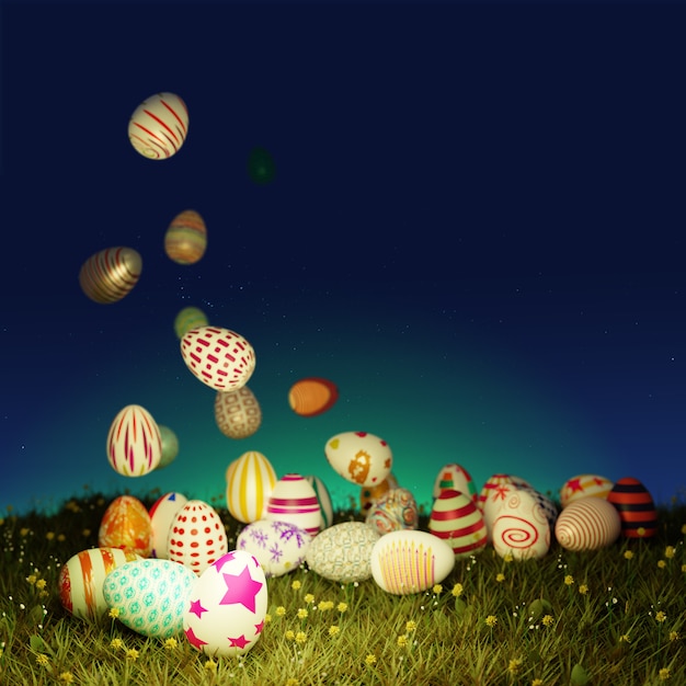 Grupo de coloridos huevos de pascua levitando sobre la hierba verde