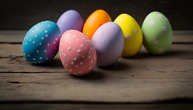 Un grupo de coloridos huevos de pascua en una mesa de madera