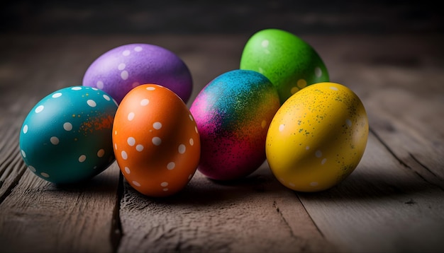 Un grupo de coloridos huevos de pascua en una mesa de madera