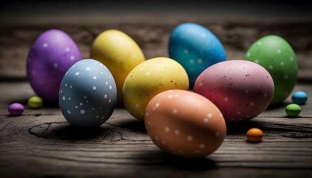 Un grupo de coloridos huevos de pascua en una mesa de madera