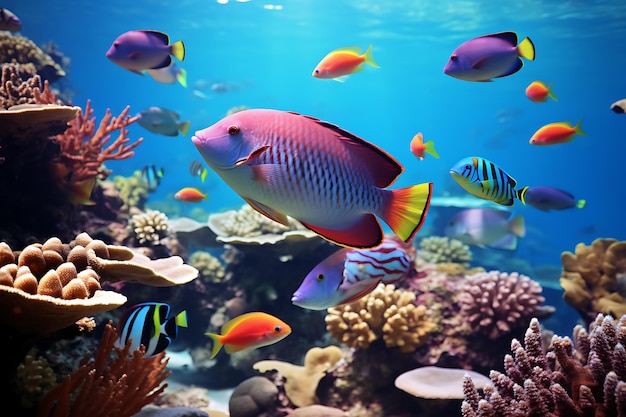 Un grupo de coloridos peces loro que pastan en el coral foto realista