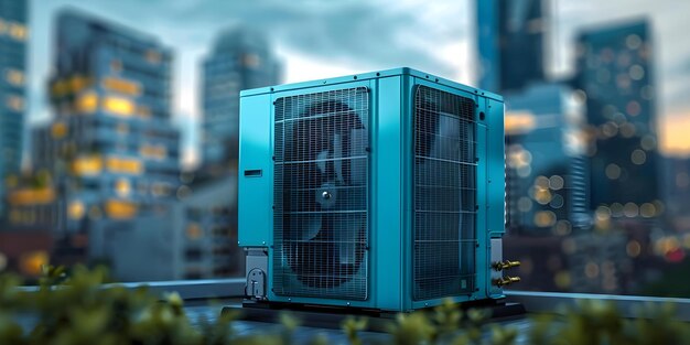 Grupo de compresores de aire acondicionado en el techo de un edificio de gran altura para enfriar espacios interiores Concepto de sistemas HVAC Edificios de gran altura Instalaciones de techo Compresores de acondicionamiento de aire