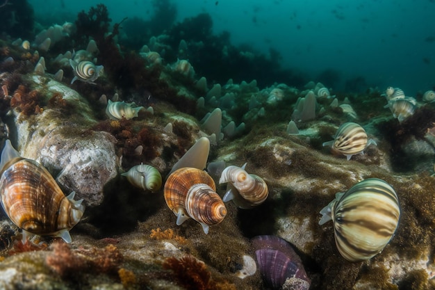 Un grupo de conchas marinas en un arrecife de coral con un pez nadando en el fondo.