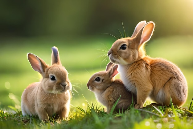 Un grupo de conejos en un campo con el sol brillando sobre ellos