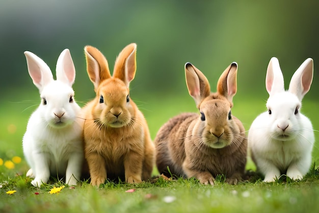 Un grupo de conejos está sentado en la hierba.