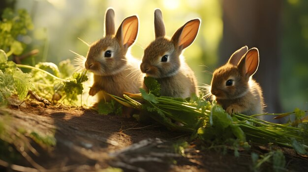 Un grupo de conejos mordisqueando verduras frescas en una clarísima iluminada por el sol