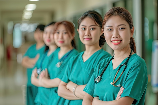 Un grupo de confiados profesionales de la salud asiáticos, enfermeras con abrigos azules, sonriendo en un brillante corredor del hospital.