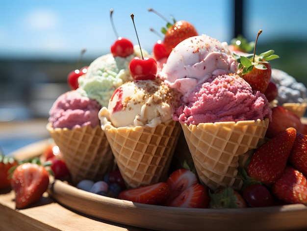 Un grupo de conos de helado con bolas de colores que se derriten bajo el sol