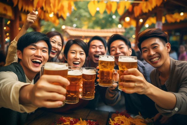 Un grupo de coreanos felices hacen tintinear sus jarras de cerveza celebrando el ambiente festivo de
