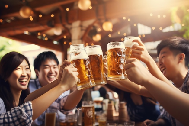 Un grupo de coreanos felices hacen tintinear sus jarras de cerveza celebrando el ambiente festivo de