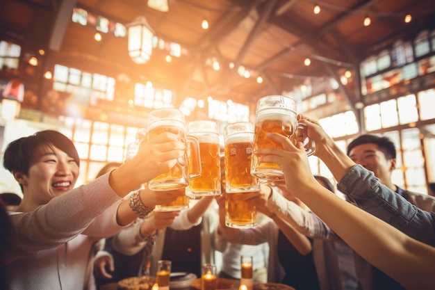 Un grupo de coreanos felices hacen tintinear sus jarras de cerveza celebrando el ambiente festivo de