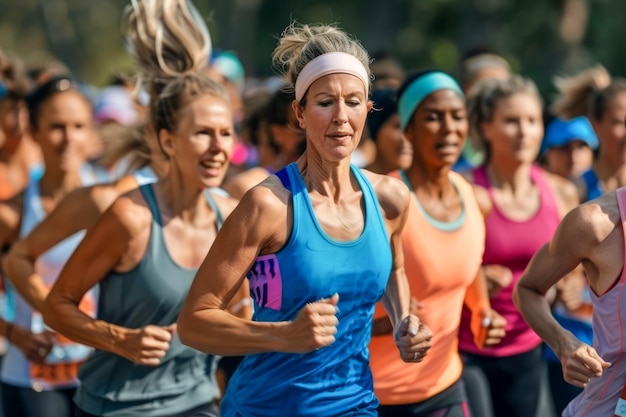 Un grupo de corredoras decididas participando en una carrera de maratón enfocada en la atleta que lidera el