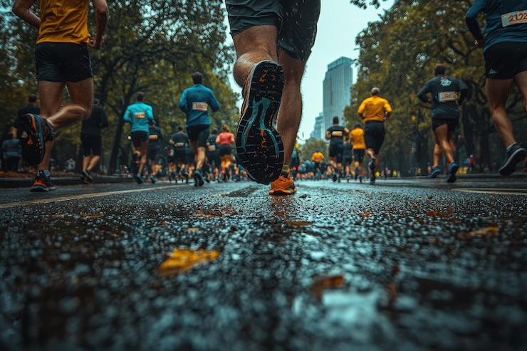 Un grupo de corredores corren bajo la lluvia Concepto de determinación y perseverancia cartel de maratón