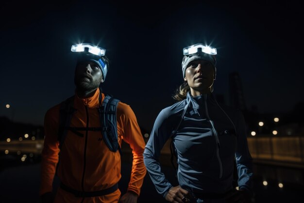 Un grupo de corredores llevaban faros y equipo reflectante para una carrera de senderos temprano en la mañana cuando el sol aún no ha salido o por la noche