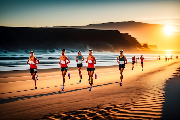 Grupo de corredores de piernas de cerca corriendo en la playa del amanecer