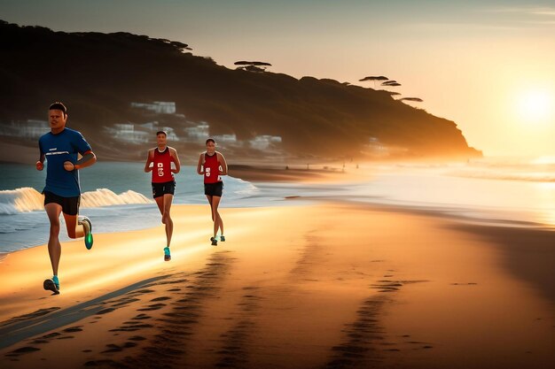 Grupo de corredores de piernas de cerca corriendo en la playa del amanecer