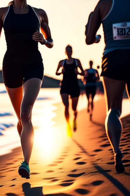 Grupo de corredores de piernas de cerca corriendo en la playa del amanecer