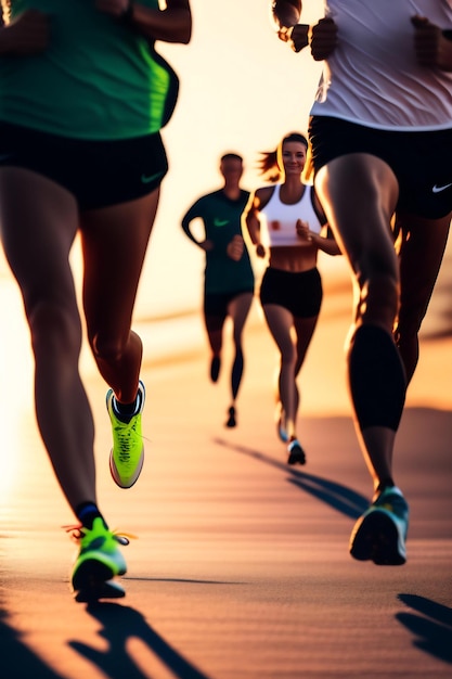 Foto grupo de corredores de piernas de cerca corriendo en la playa del amanecer