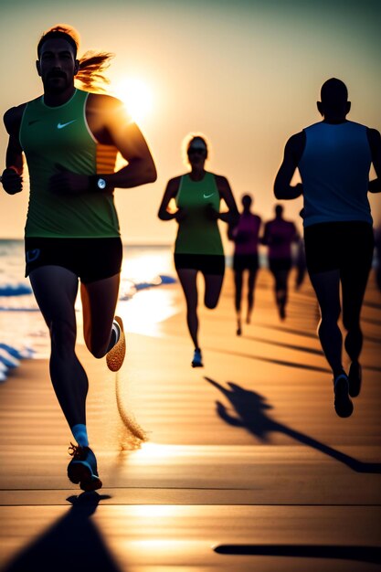 Foto grupo de corredores de piernas de cerca corriendo en la playa del amanecer