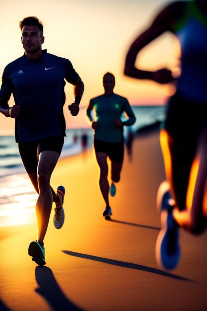 Grupo de corredores de piernas cercanas corriendo en la orilla del amanecer