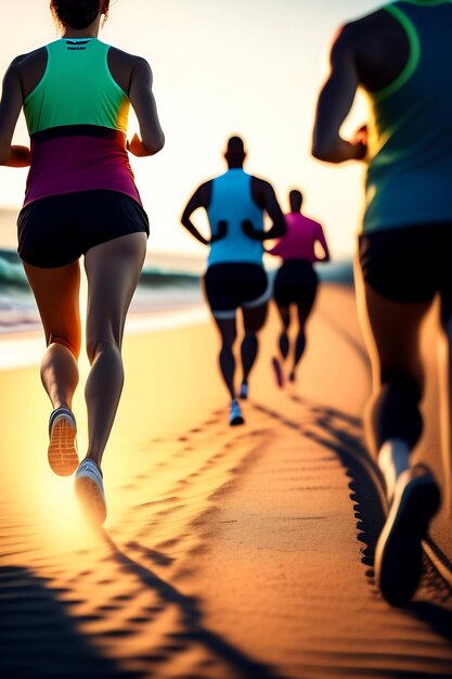 Grupo de corredores de piernas cercanas corriendo en la orilla del amanecer