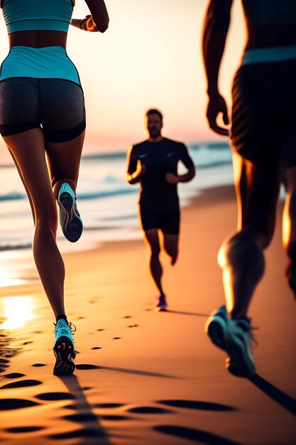 Grupo de corredores de piernas cercanas corriendo en la orilla del amanecer