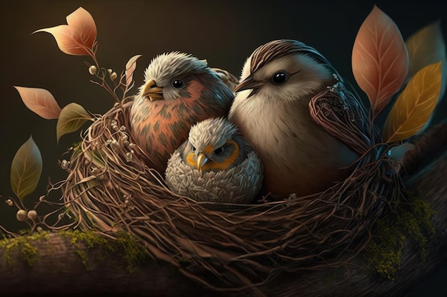 Grupo Cozy Nest de adoráveis filhotes aconchegados em seu ninho cercados por penas e galhos