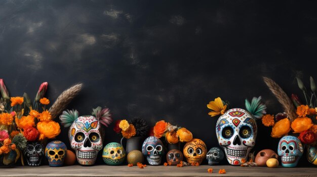 Foto grupo de cráneos con flores y plumas