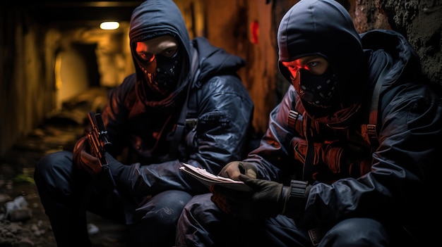 Grupo de criminales enmascarados en un oscuro edificio abandonado Concepto de robo