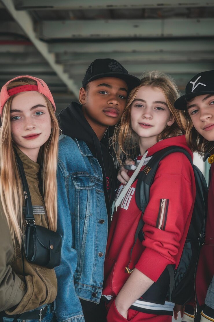 Un grupo de cuatro adolescentes alegres sonriendo y disfrutando del tiempo juntos al aire libre en un entorno casual
