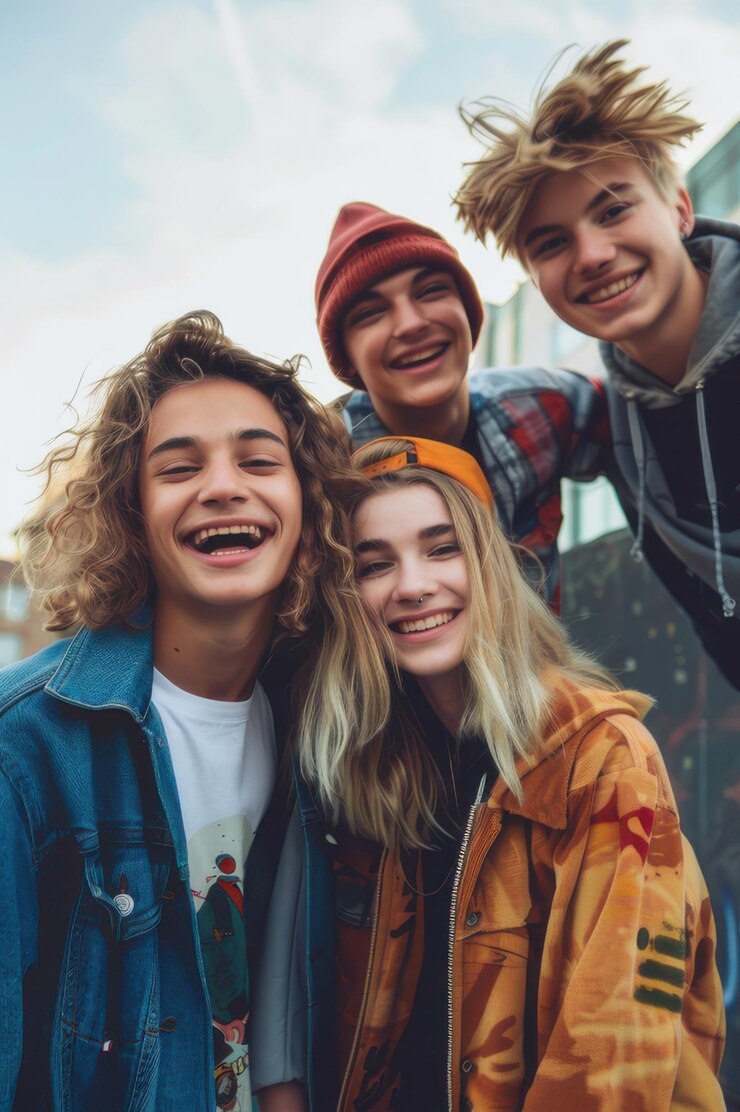 Un grupo de cuatro adolescentes alegres sonriendo y disfrutando del tiempo juntos al aire libre en un entorno casual
