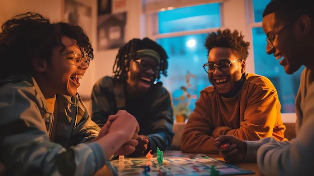 Un grupo de cuatro amigos están sentados alrededor de una mesa jugando a un juego de mesa todos están riendo y divirtiéndose la habitación es acogedora y acogedor