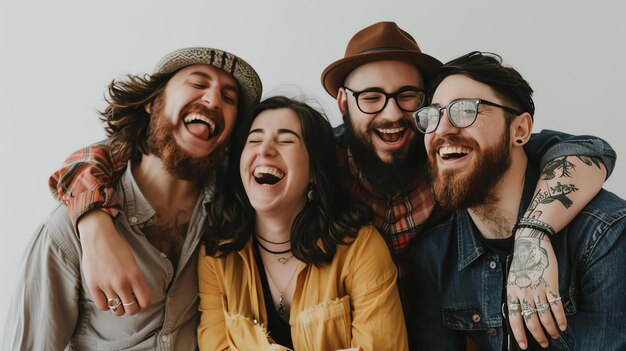 Grupo de cuatro amigos riendo y abrazándose Todos llevan ropa casual y tienen el cabello largo El fondo es blanco