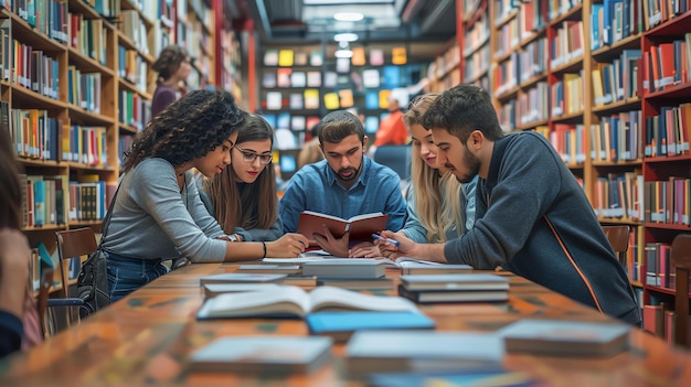 Un grupo de cuatro estudiantes universitarios diversos estudiando juntos en una biblioteca todos están sentados alrededor de una mesa y mirando un libro