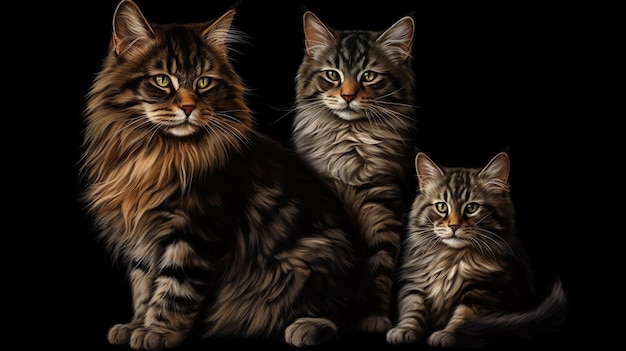 Grupo de cuatro gatos Maine Coon frente a un fondo negro generativo ai