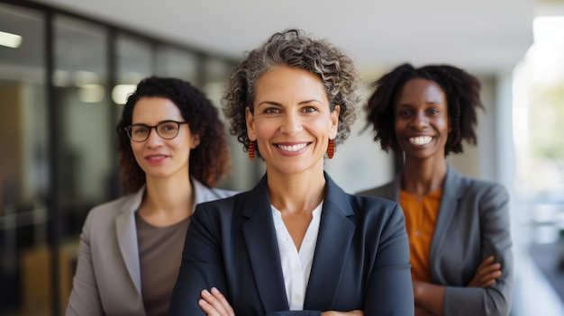 Un grupo de cuatro mujeres de negocios están sonriendo con confianza de pie juntas en ropa de negocios que representa la diversidad y el empoderamiento en un entorno corporativo