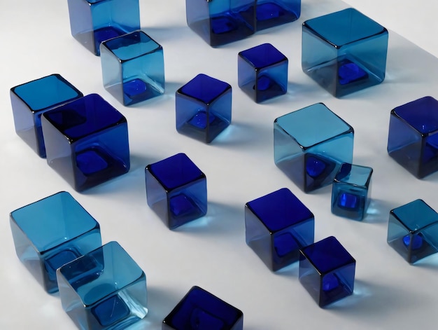 Un grupo de cubos azules sentados encima de una mesa