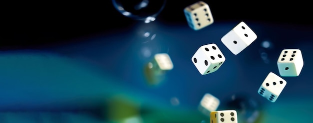 Un grupo de cubos de juego en vuelo, movimiento, juegos de azar deportivos de mesa en un casino, generados por IA.