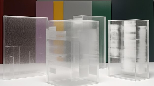 Un grupo de cubos de vidrio se exhiben frente a una pared colorida.