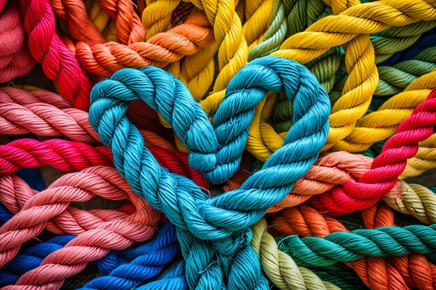 Un grupo de cuerdas coloridas conectadas entre sí para formar una forma de corazón de amor.