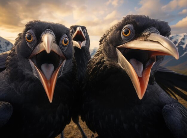 Foto un grupo de cuervos mirando a la cámara.