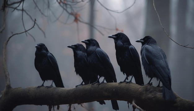 Un grupo de cuervos se sienta en una rama en un bosque de niebla.
