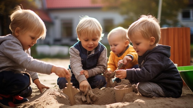 Foto grupo de 5 meninos de 6 anos brincando em uma caixa de areia ao ar livre